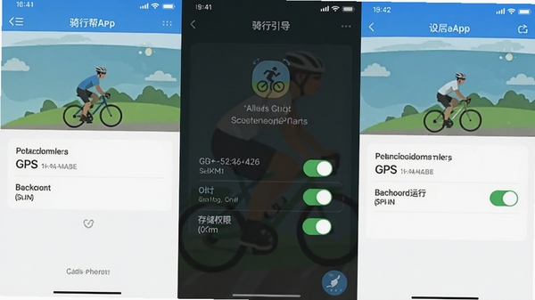 骑行帮APP设置界面截图,展示权限开启引导页面,手机屏幕中GPS、后台运行、存储权限开关高亮显示,简洁扁平化设计风格