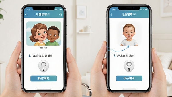 儿童锁家长端与孩子端配对绑定操作示意图,两部手机并排展示,界面清晰标注步骤序号,风格简洁明了