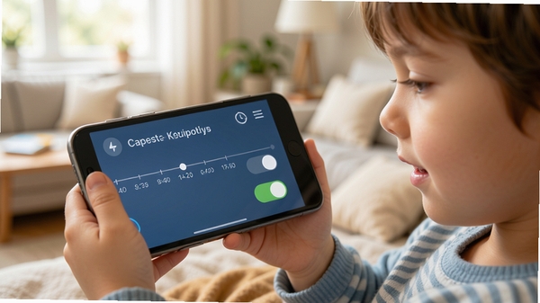 儿童锁使用时段设置界面,显示时间轴与开关按钮,家长与孩子共同查看手机,画面温馨明亮