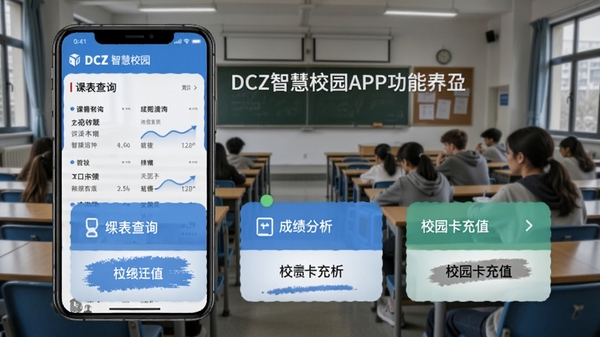 DCZ�ǻ�У԰APP���ܽ����ͼ��չʾ�α���ѯ���ɼ�������У԰����ֵ����ģ�飬�ֻ��������������д�ѧ���ұ�����ͻ�����У԰����