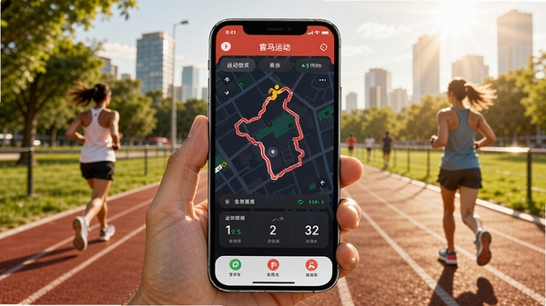 宥马运动APP界面展示,手机屏幕显示跑步轨迹地图和运动数据仪表盘,背景为城市公园跑道,阳光明媚,运动氛围浓厚