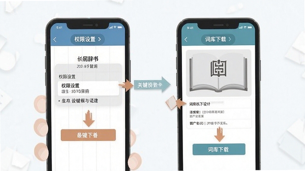 Kori辞书使用教程示意图,手机屏幕展示权限设置与词库下载界面,标注关键操作步骤,扁平化设计风格