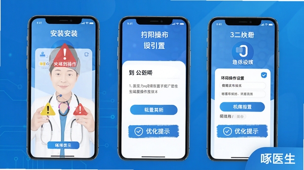 啄医生移动端操作指引图,展示手机屏幕从安装到权限设置的步骤截图,包含红色警告标识与蓝色优化提示,背景为简洁的科技蓝渐变,软件名称“啄医生”出现在画面角落