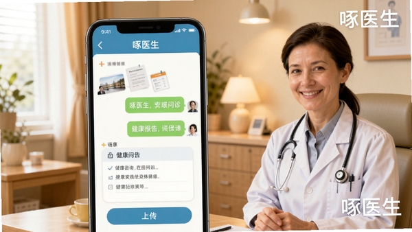 啄医生在线问诊界面AI生图,手机屏幕显示医生聊天对话框与健康报告上传按钮,背景为温馨的诊室环境,突出便捷咨询功能,软件名称“啄医生”以水印形式呈现