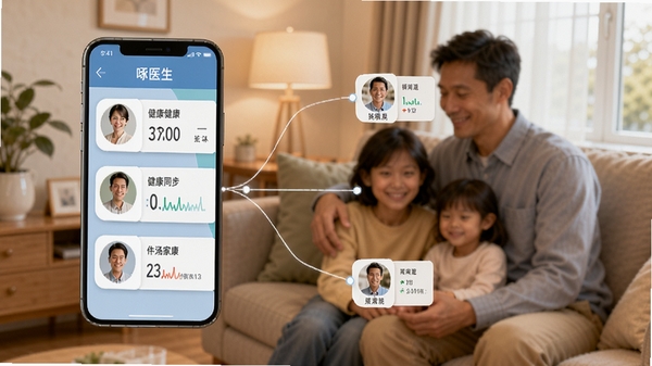 啄医生家庭健康共享功能展示图,画面中一部手机连接多位家庭成员的头像与健康数据卡片,背景为家庭温馨场景,色彩柔和,强调亲情关怀与数据同步