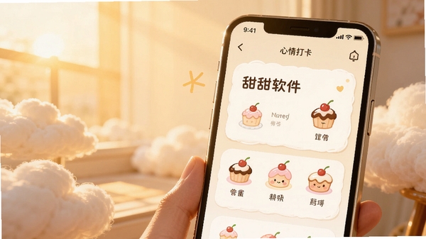 只甜软件主界面展示,奶油色系治愈风格,手机屏幕中显示心情打卡卡片和可爱的甜点图标,背景是温暖的午后阳光和云朵,整体氛围轻松柔和