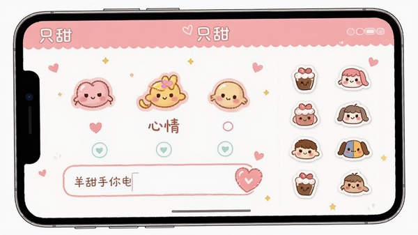 只甜心情打卡功能界面,展示可爱的心情选择图标和文字输入框,旁边有贴纸装饰选项,界面风格甜美温馨,软件名称只甜出现在屏幕顶部