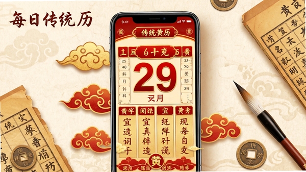 ÿ�մ�ͳ���������������ͼ����������չʾһ�������ֻ�����Ļ��ʾ�ŷ�������棬����������ɫ�˼�������Ŀ����Χ�������ơ��ϻ���˺ҳ��ë����ͭǮԪ�أ�����Ϊ������ֽ����������ɫ����ůϲ�죬ͻ����ͳ�Ļ���Χ���ƶ��˱�����飬ͼ����Ȼ���롰ÿ�մ�ͳ���������ֱ�ʶ