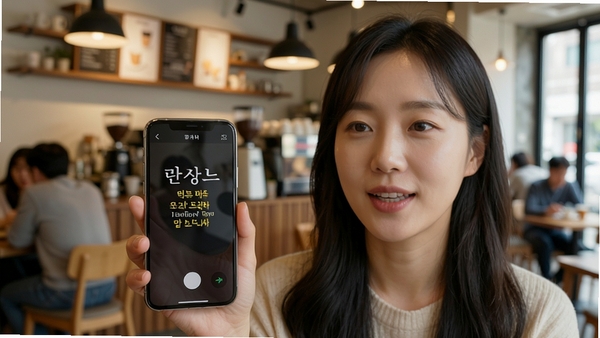 韩语翻译通语音翻译功能演示,人物手持手机对着说话,屏幕显示中文转韩文的翻译结果,背景为韩国咖啡馆