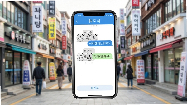韩语翻译通软件界面展示,手机屏幕上显示中韩互译对话框,背景为韩国首尔街景,清新明亮的UI设计风格