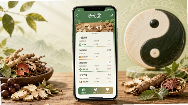 劲元堂APP主界面展示,中医养生风格,绿色与暖色调搭配,手机屏幕中显示体质测评和养生方案界面,背景有中药材和太极元素,清新自然,高清渲染