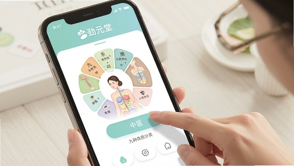 劲元堂APP体质测评界面,手机屏幕显示中医九种体质分类图表,用户正在点击选项,界面简洁友好,配色柔和,适合健康类应用场景