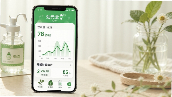 劲元堂APP健康记录界面展示,手机屏幕显示饮水量和睡眠时长统计图表,界面简洁清新,绿色健康主题,适合养生类应用宣传图