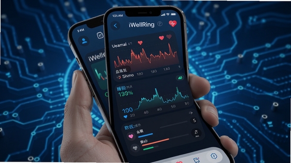 iWellRing智能戒指健康监测软件界面展示,手机屏幕显示心率血氧睡眠数据图表,蓝色科技感背景,简洁现代UI设计