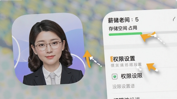 薪老师直聘APP在手机桌面的图标特写,旁边显示存储空间占用和权限设置界面,带有提示箭头