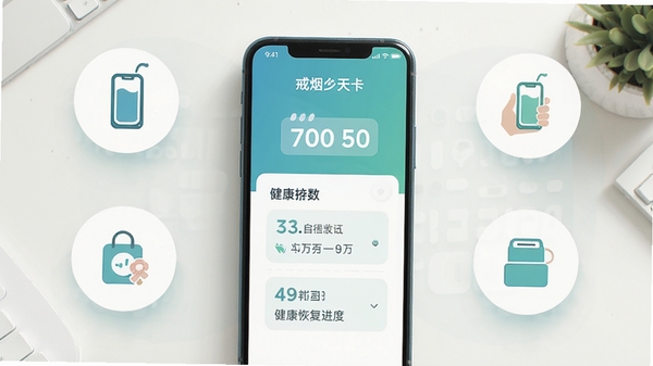戒了么软件主界面展示,清新蓝绿色调,手机屏幕中显示戒烟打卡天数和健康恢复进度,周围环绕自律生活元素图标,扁平化设计风格,柔和光影效果