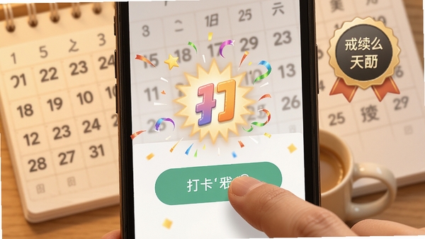 戒了么打卡界面特写,手指点击打卡按钮瞬间,屏幕绽放庆祝动画,背景有日历标记和连续天数徽章,温暖励志氛围