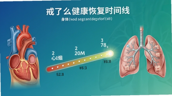 戒了么健康恢复时间线界面,展示戒烟后身体各器官恢复进度条,从心脏到肺部逐步点亮,医学插画风格,蓝绿色渐变背景