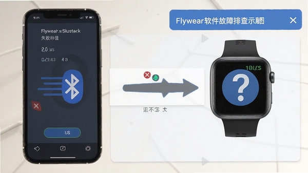Flywear软件故障排查示意图,手机连接手表失败,显示蓝牙图标与问号