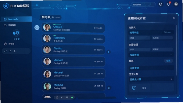 ELKTalk群组聊天管理界面,展示群成员列表与权限设置面板,蓝色渐变背景,科技感UI风格