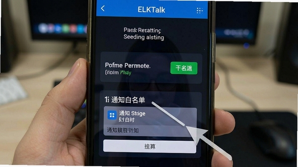 ELKTalk安装设置界面截图,展示权限开启与通知白名单设置步骤,手机屏幕操作示意