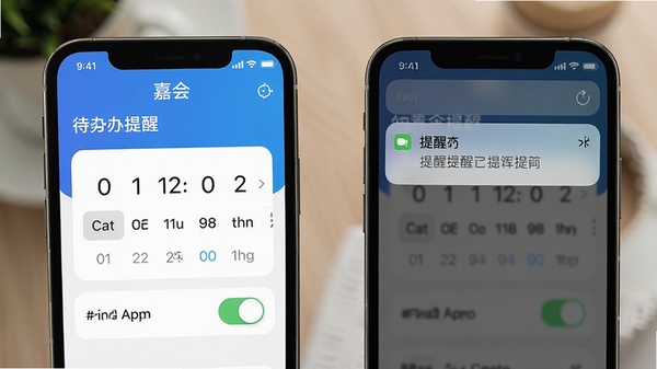 嘉会app待办提醒设置界面,时间选择器与开关按钮,手机通知栏弹出提醒通知,场景化展示