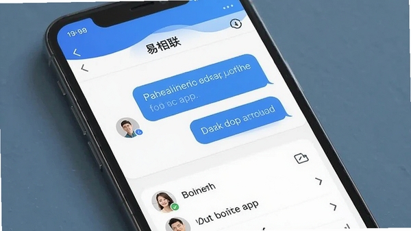 易相联app聊天界面展示,手机屏幕中显示对话气泡和好友列表,简洁现代UI设计,蓝色主题色调