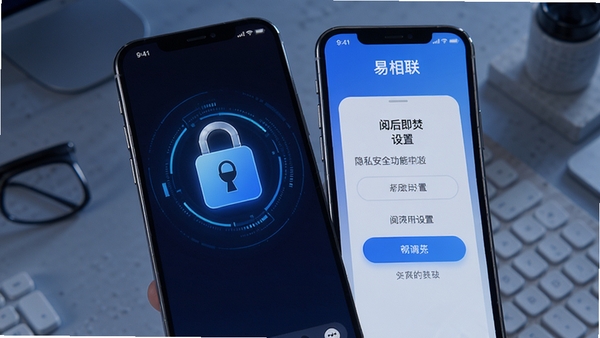易相联app隐私安全功能展示,手机屏幕显示加密锁图标和阅后即焚设置界面,科技感蓝色调
