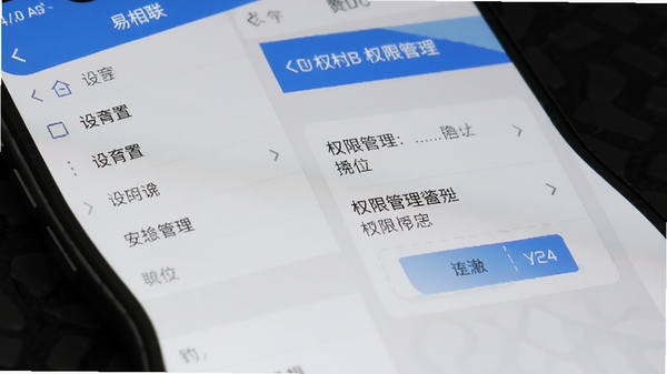 易相联app移动端操作界面截图,展示设置菜单和权限管理页面,手机屏幕特写,清晰UI布局