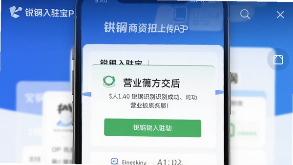 锐锢入驻宝APP内供应商资质上传界面截图,手机屏幕显示营业执照识别成功提示,背景为简洁的商务蓝色调,突出锐锢入驻宝品牌标识