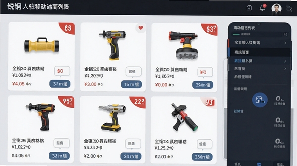 锐锢入驻宝移动端商品管理列表界面,展示多种五金工具商品卡片,带有价格编辑与库存数字角标,界面风格清爽高效