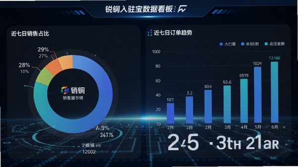 锐锢入驻宝数据看板界面,环形图表显示销售占比,柱状图展示近七日订单趋势,数字大而醒目,背景带有科技感网格线条