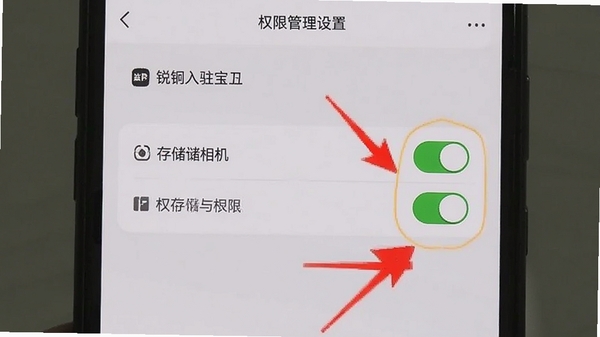 手机屏幕显示锐锢入驻宝的权限管理设置页面,高亮标注存储与相机权限开关,背景为浅灰色设置界面,带有红色箭头指向开启按钮