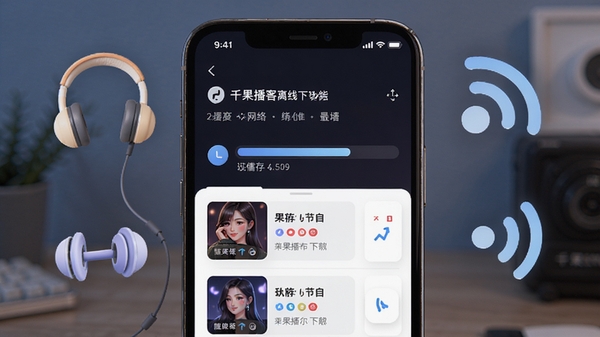 千果播客离线下载功能示意,手机屏幕显示下载进度条与已缓存节目列表,周围环绕耳机与信号图标,体现无网络也能听的便捷性