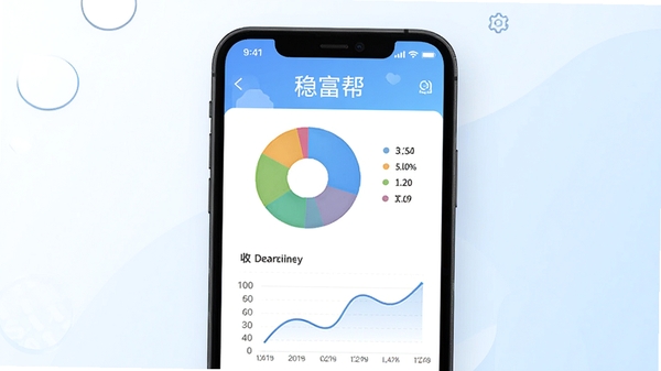 稳富帮智能记账界面展示,手机屏幕显示彩色分类饼图与收支趋势折线图,背景为简洁的白色与浅蓝色调,突出稳富帮软件名称