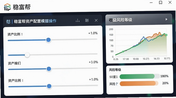 稳富帮资产配置模拟器操作截图,展示滑块调节资产比例,右侧同步显示收益曲线与风险等级,界面带有稳富帮logo