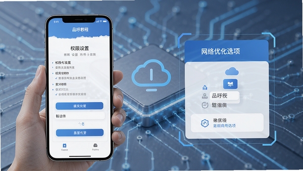 品呼使用教程示意图,手机界面展示权限设置和网络优化选项,背景是简洁的科技风格