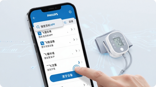 ����������APP���������豸��������ʾ��ͼ���ֻ���Ļ��ʾ�������ķ�����Ѫѹ���豸�б����û���ָ������Ӱ�ť���������Ƽ���