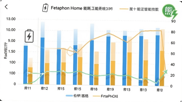 Fetaphon Home能耗统计图表AI生图,展示柱状图和折线图,带有电量图标和绿色节能标识