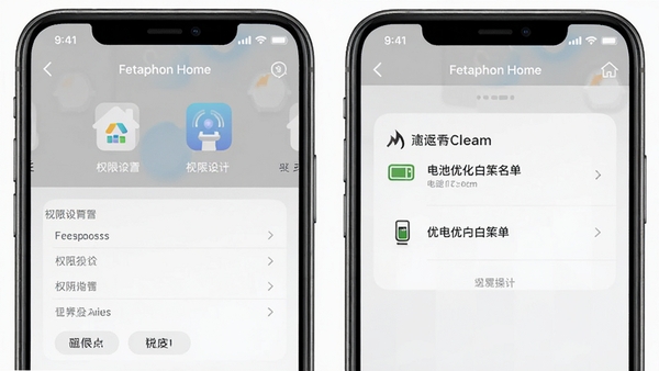 Fetaphon Home移动端操作界面AI生图,展示权限设置和电池优化白名单界面,带有手机和智能家居图标