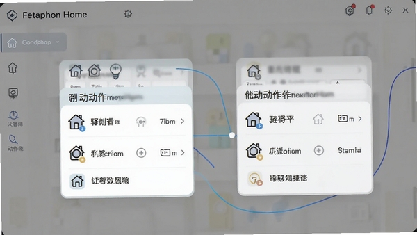 Fetaphon Home自动化编辑界面AI生图,展示条件与动作卡片拖拽编排场景,带有智能家居图标和连接线