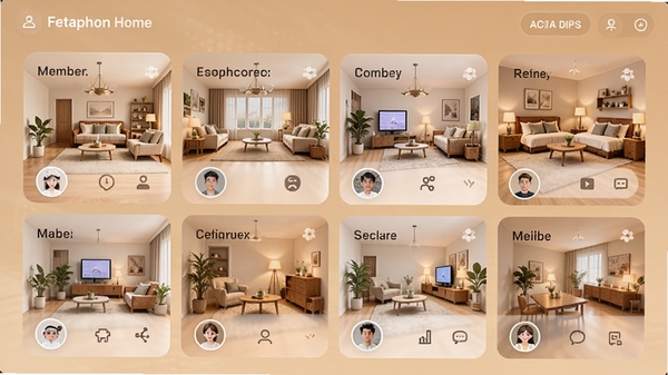 Fetaphon Home家庭分区管理界面AI生图,显示多个房间卡片和成员头像,风格温馨智能
