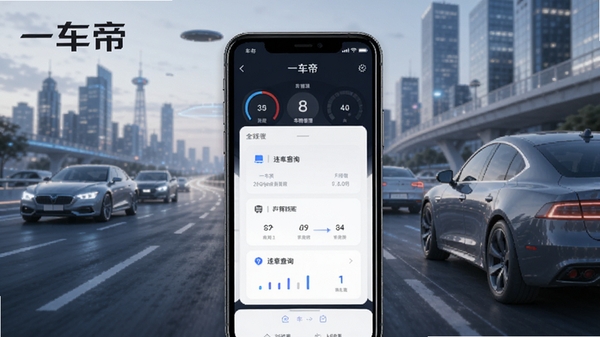 一车帝软件主界面展示,手机屏幕中呈现车辆管理仪表盘与违章查询入口,背景为城市道路与汽车元素,整体风格简洁科技感,包含一车帝文字标识