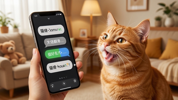 猫语翻译空间软件界面展示,一只可爱的橘猫正在对着手机屏幕喵喵叫,手机屏幕上显示翻译出的情绪文字气泡,背景温馨家居环境,高清写实风格