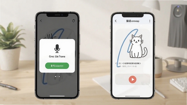 猫语翻译空间使用教程示意图,手机屏幕显示麦克风权限开启界面和录音翻译操作步骤,简洁明了的UI风格