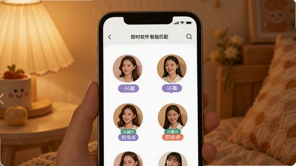 陪陪软件智能匹配界面展示,手机屏幕中显示多位在线陪聊达人头像与兴趣标签,背景为温馨暖色调,突出即时匹配功能
