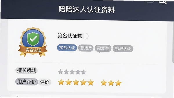 陪陪达人认证资料页面,展示实名认证徽章、擅长领域标签与用户评价星级,界面专业可信