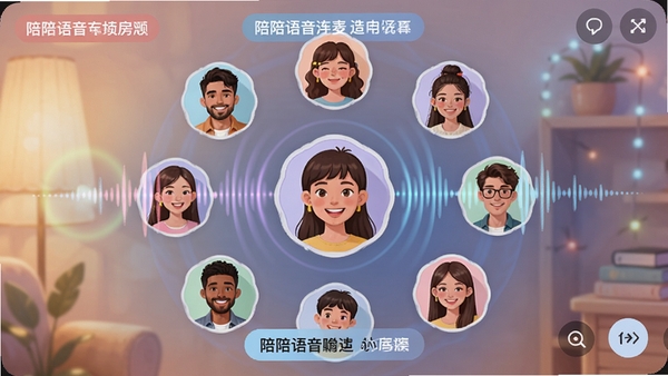 陪陪语音连麦房间界面,展示多人头像环绕声波特效,房间主题标签清晰可见,整体氛围轻松愉悦