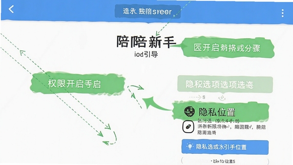 陪陪新手设置引导界面截图,标注权限开启步骤与隐私选项位置,画面简洁明了