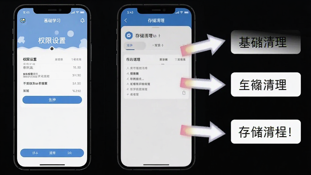 基础学习APP在手机上的操作截图,展示权限设置与存储清理界面,旁边有箭头标注步骤,简洁教程风格